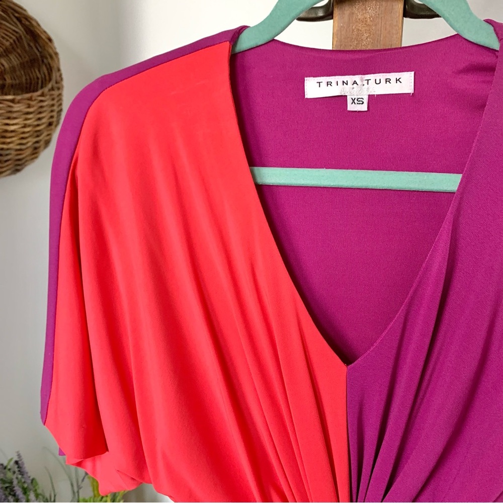 Trina Turk Etta Dress Vivid Viola Bodycon Front Twist Fluttery Dolman sleeves XS - Picture 12 of 16
